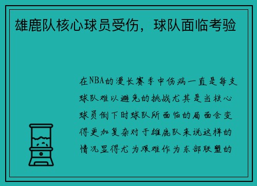 雄鹿队核心球员受伤，球队面临考验